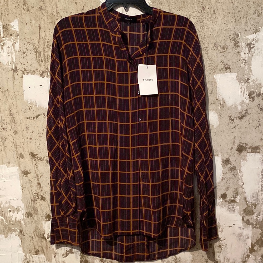 Theory 💯 Silk Beautiful Brown Pink Green Gold Shirt New With Tags